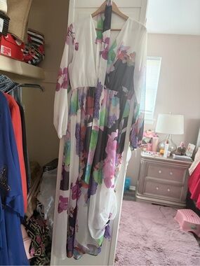 Floral Wrap Dress in White with Pink & Green Accents